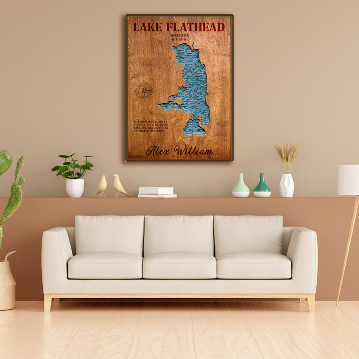 flathead lake art, flathead lake wall art, flathead lake map art, flathead lake map, flathead lake depth map, flathead lake nautical chart