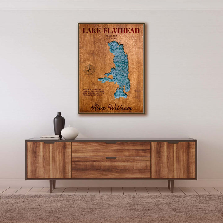 flathead lake art, flathead lake wall art, flathead lake map art, flathead lake map, flathead lake depth map, flathead lake nautical chart