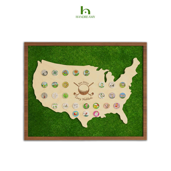 Personalized Golf Ball Marker Display in US Map with Polar Fleece Fabric Grass