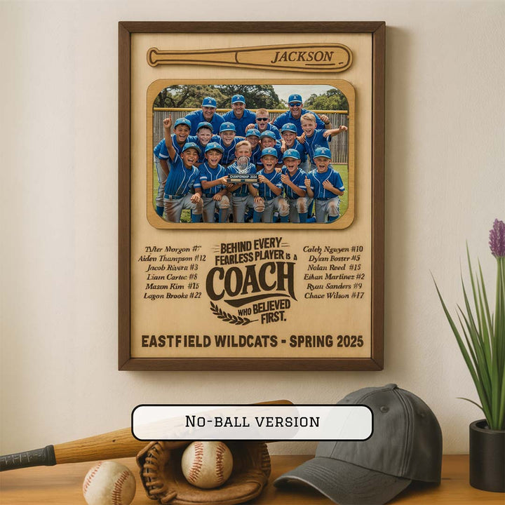 Framed photo of a baseball team with engraved text on a wall, accompanied by sports equipment.