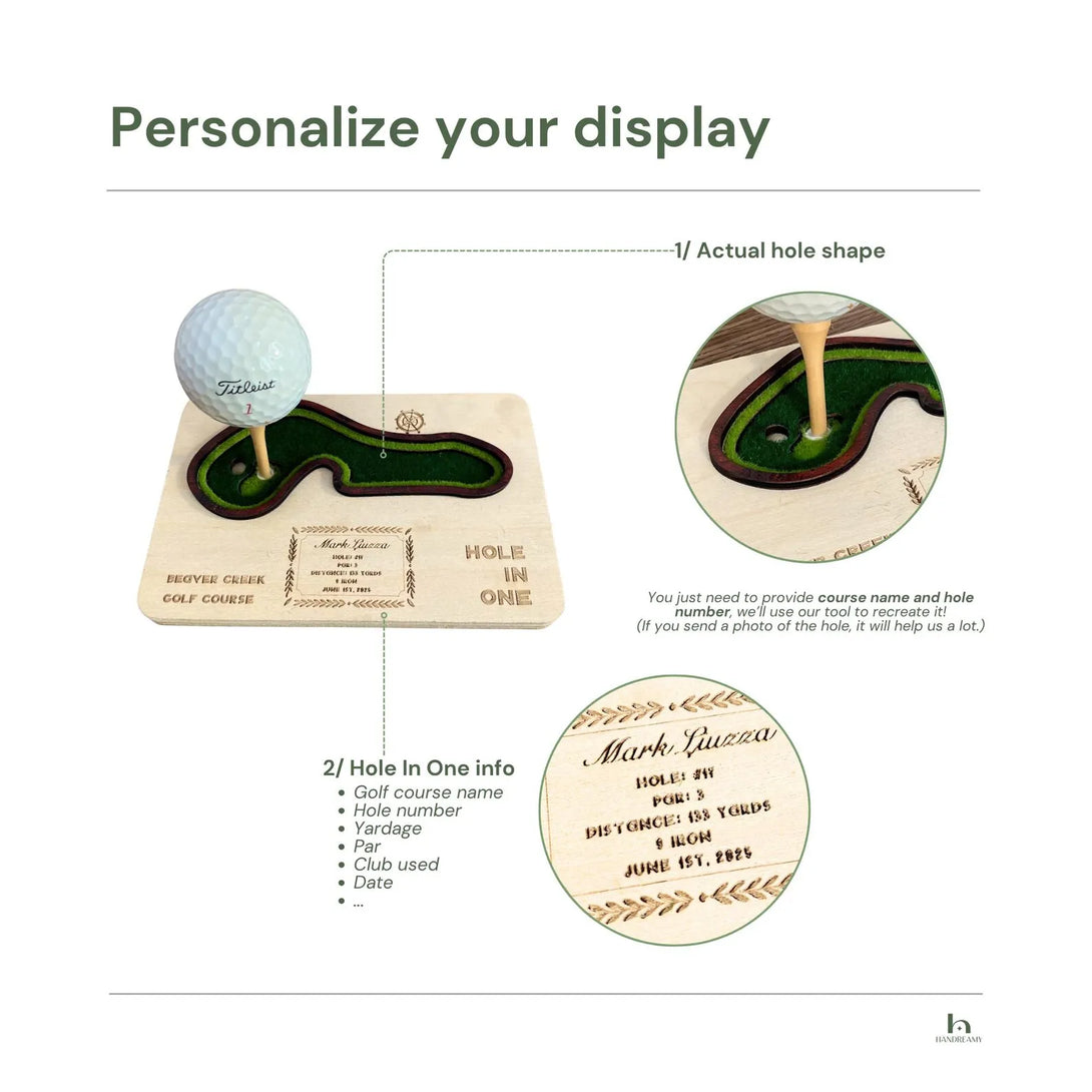 Golf display with customizable features on a white background