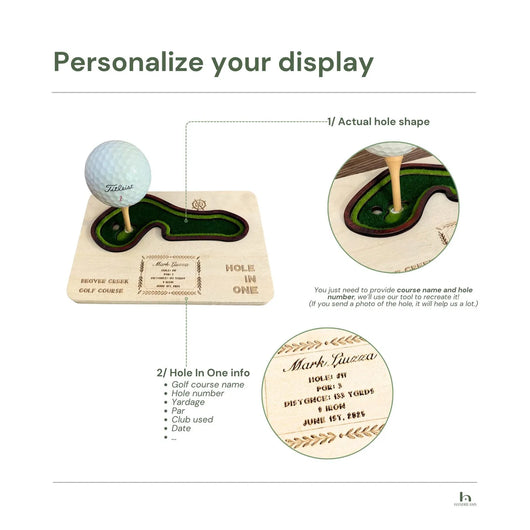 Golf display with customizable features on a white background
