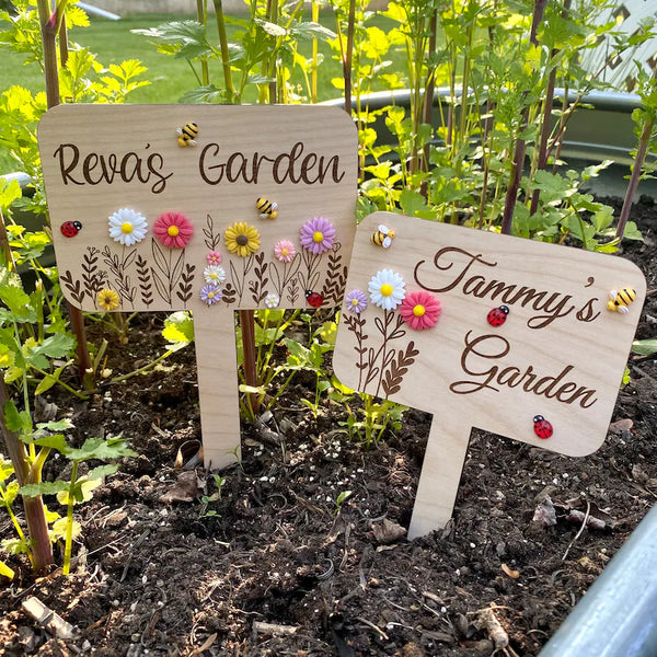 Personalized Garden Marker with Flowers Bees and Ladybugs