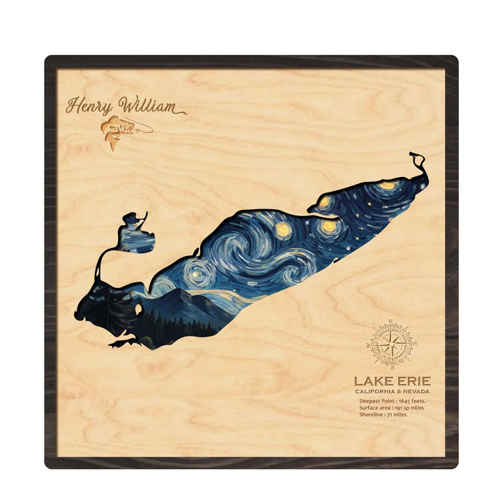 laser cut lake map, erie lake art, wood print art