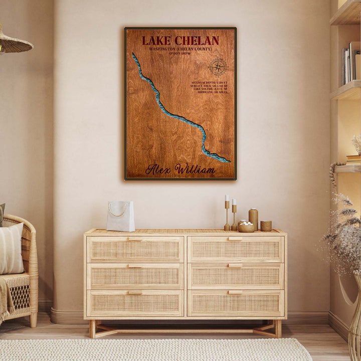 lake chelan art, lake chelan wall art, lake chelan map, lake chelan area map, lake chelan bathymetric map, lake chelan boating map, lake chelan depth map