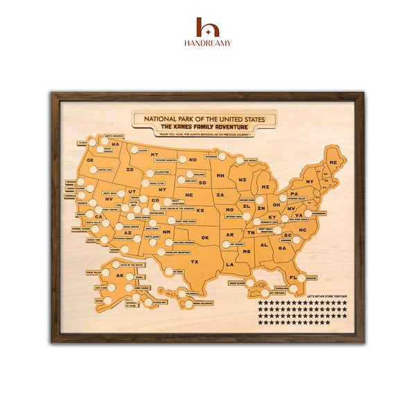 Wooden map of the United States with national parks marked, framed by HANDREAMY brand.
