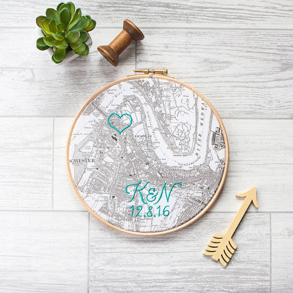 Personalized Map With Embroidery Hoop - 2nd Anniversary Gift