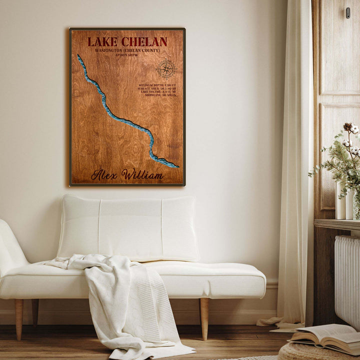 lake chelan art, lake chelan wall art, lake chelan map, lake chelan area map, lake chelan bathymetric map, lake chelan boating map, lake chelan depth map