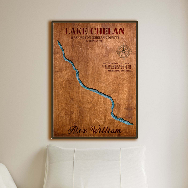 Lake Chelan Art- Personalized Wood Epoxy Map