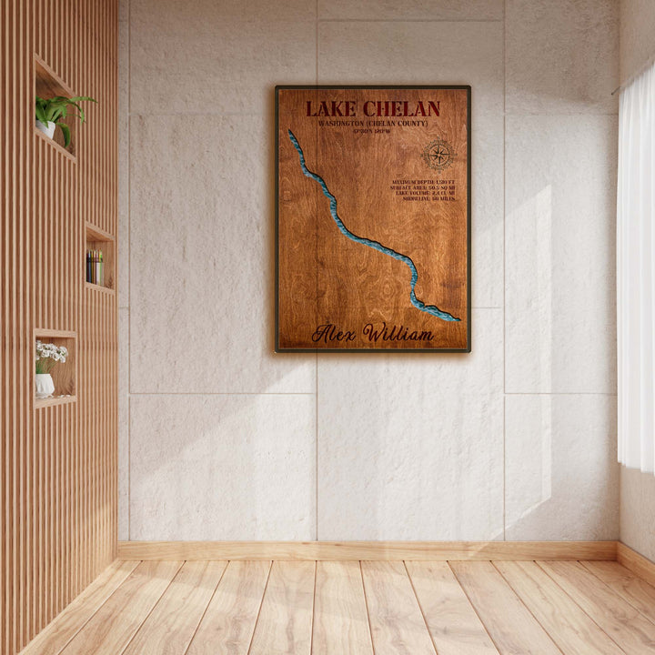 lake chelan art, lake chelan wall art, lake chelan map, lake chelan area map, lake chelan bathymetric map, lake chelan boating map, lake chelan depth map