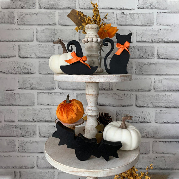 Halloween Tiered Tray Decor | Mini wood black cat, witches hat & bat decor