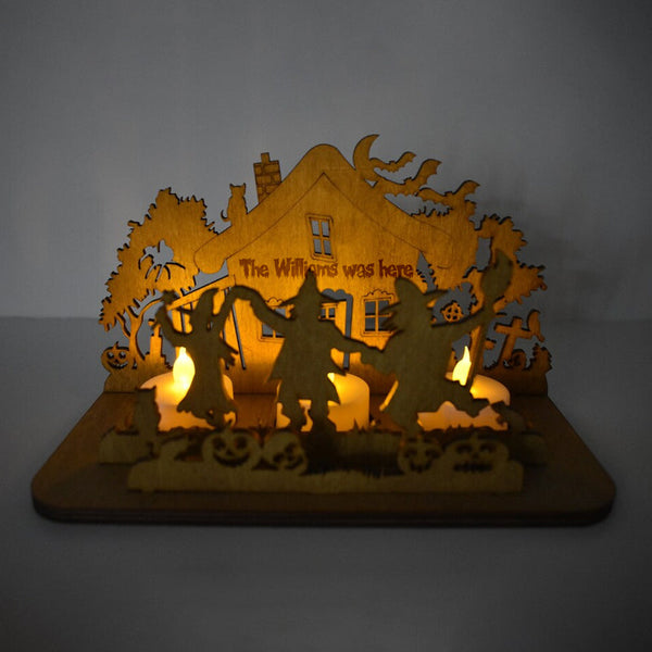 Personalised Wooden Dancing Witch Tealight Holder, Halloween Decor