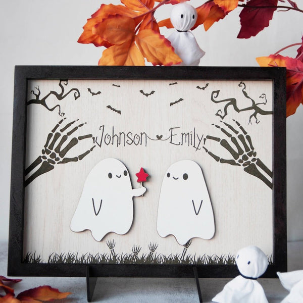 Personalized Wooden Sign Halloween Couple - Ghosts and Pumpkins