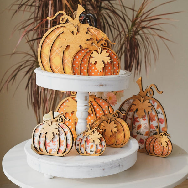 Wooden Rustic Pumpkins Shelf sitter with 4 sizes, patterns - Fall, Halloween and Thanksgiving decor