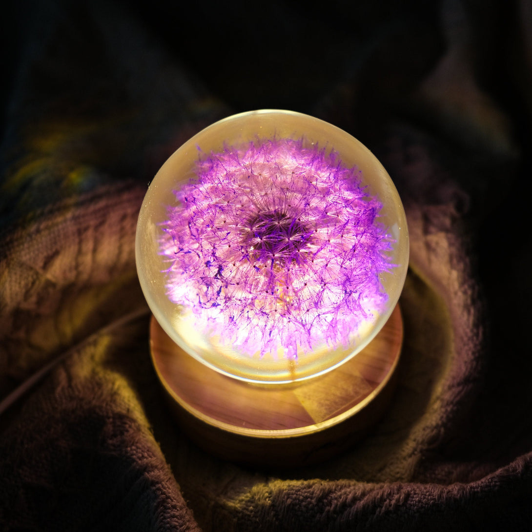 Purple Dandelion In Crystal Night Lamp, Custom Wooden Epoxy Lamp, Table Lamp, Resin Lamp, Mothers Day Gift, Home Decor, Table Decor