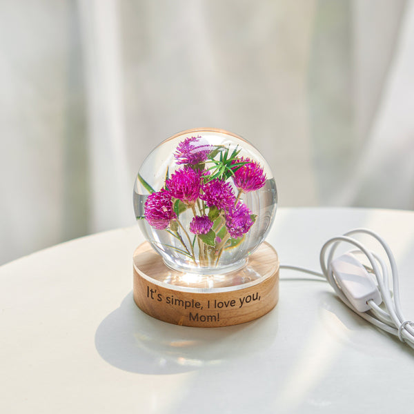 Globe Amaranth Flower In Crystal Night Lamp, Wooden Epoxy Lamp, Table Lamp, Resin Lamp, Mothers Day Gift, Gifts For Mom, Anniversary Gift