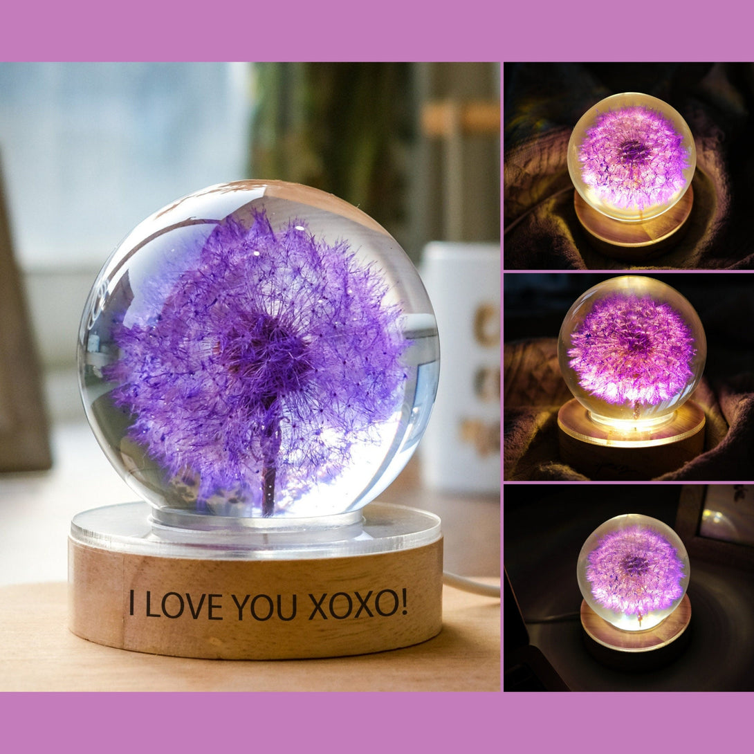Purple Dandelion In Crystal Night Lamp, Custom Wooden Epoxy Lamp, Table Lamp, Resin Lamp, Mothers Day Gift, Home Decor, Table Decor