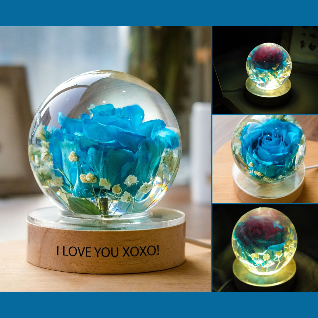 Blue Roses Flower In Crystal Night Lamp, Real Flower Custom Wooden Epoxy Lamp, Table Lamp, Resin Lamp, Valentine Gifts For Her, Home Decor