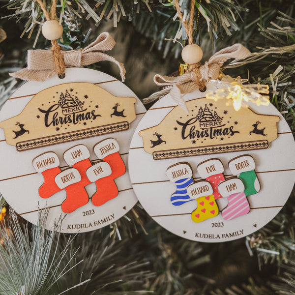 Custom Wooden Family Christmas Ornament 2023 | 3dLaser Cut Personalized Christmas Ornament Family Name 1-10 | Christmas Stocking Ornament